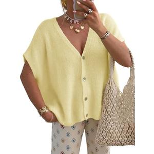 Saodimallsu Womens Spring Oversized Cardigans Batwing Short Sleeve Lightweight Button V Neck Casual Knit Sweater Tops Yellow, Size XL