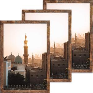 11x17 Picture Frames Wood Rustic Wall Hanging,Smooth Molding & Acrylic Cover,Brown,3 Pack