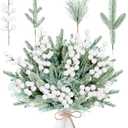 Sggvecsy 60 Pcs Artificial Snowy Pine Branches Fake Frosted Greenery Pine Picks Artificial White Berry Stems Christmas Needles for DIY Christmas Garland Wreath Xmas Flower Arrangements Decoration