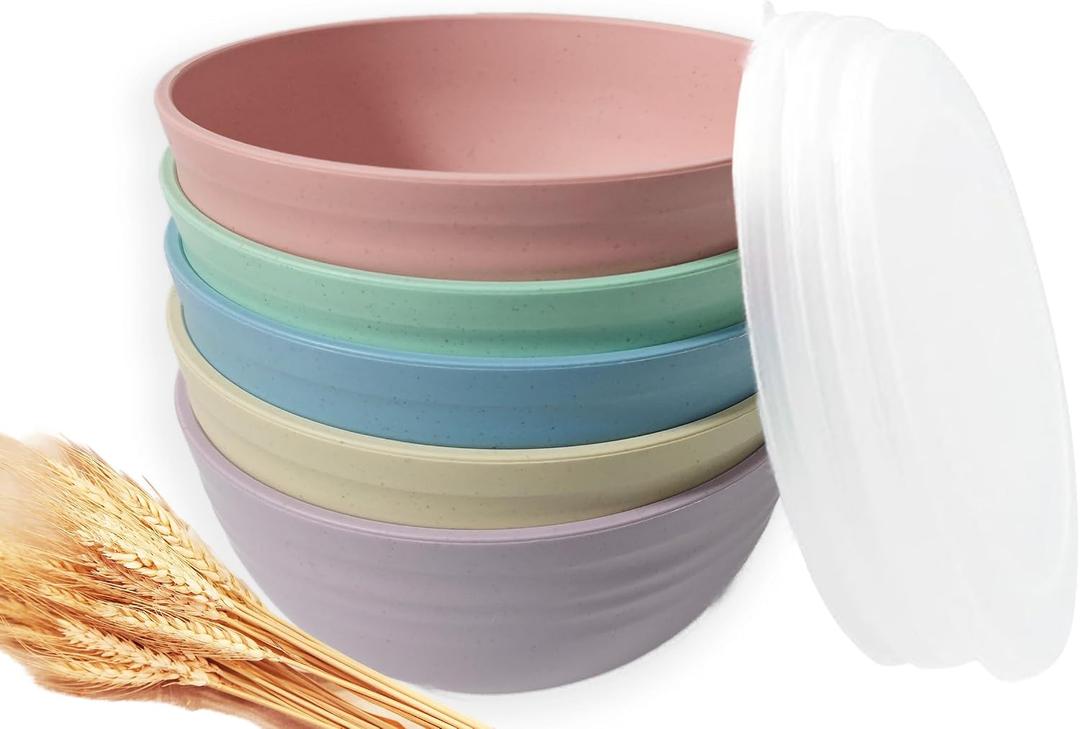 5 Pack Unbreakable Wheat Straw Bowls with Lid, 26 OZ Cereal Bowls for Kitchen, Dishwasher Safe Soup and Salad Bowls, Reusable microwave bowl for Ice Cream,Snack and Fruits, 6in