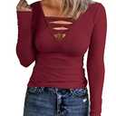 HERILIOS Women Casual Long Sleeve Tunic Tops V-Neck T Shirts Criss Cross Ribbed CasualTee Slim Fitted Fall Blouse Burgundy Size M