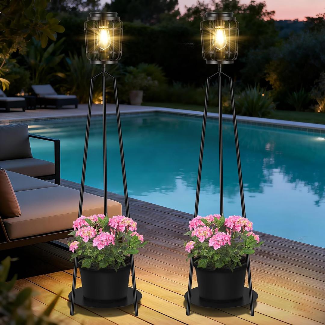 TOWPONICS 2-Pack Solar Lights with Plant Stands, 40.75'' Solar Powered Outdoor Floor Lamp with Planter, IP65 Waterproof Outdoor Lamp for Patio Deck Porch Yard Garden Decor, 8-12 Hours Lighting
