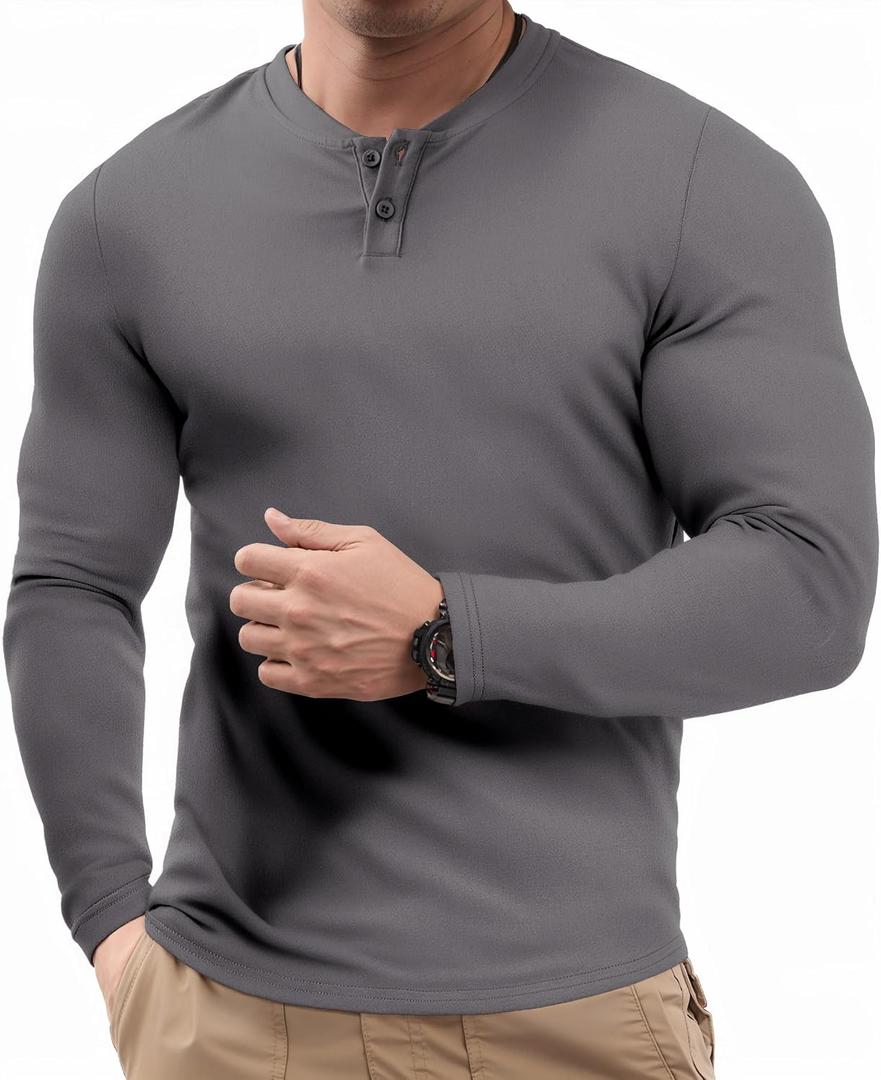JMIERR Mens Muscle Slim Henley Shirt Button V-Neck Long Sleeve Gym Workout Athletic T Shirts (Gray, XXXL)