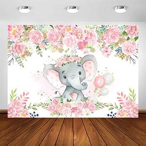 Avezano Baby Elephant Backdrop for Girl Baby Shower Blush Pink Floral Elephant Baby Shower Decorations for Girl's Photography Background Photoshoot Favors Supplies (7x5ft)