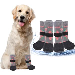 PUPTECK Anti Slip Dogs Shoes for Hot/Cold Pavement, Senior Booties, Rubber Boots & Paw Protectors for Small Medium Large Size Dogs to Prevent Licking, Grippy Socks for Hardwood Floors, Strawberry S