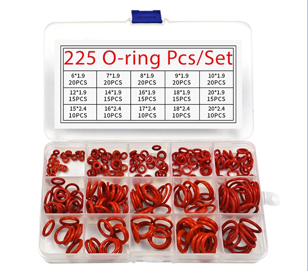 Silicone Rubber O-Ring Assortment Kit 225 Pieces 15 Sizes Metric VMQ Sealing Gasket Set for Cup Lids, Coffee Maker, Brewing Fitting, Washer, Filter, Pump, Plumbing, Hose, Gauge, Auto, Machine, Red