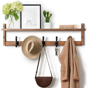 29'' Coat Rack Wall Mount with Shelf, Wood Wall Hooks with Storage, Entryway Shelf with 5 Hangers for Bathroom, Living Room, Bedroom, Rustic Brown