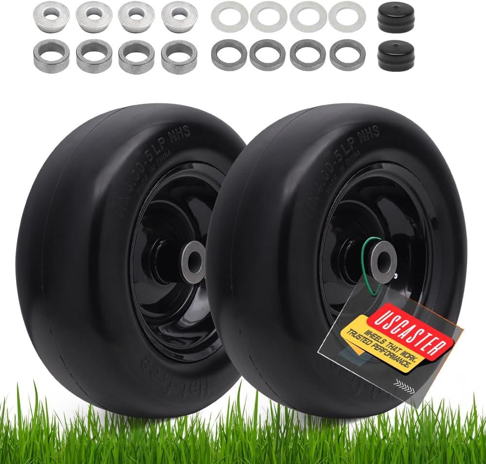 11x4.00-5 Lawn Mower Tires Flat Free (2 Pack),Universal 11x4-5 Solid Smooth Tractor Turf Tire with Rim, 3.4" Centered Hub and 3/4" & 5/8" Bushing, For Zero Turn Mowers and Riding Lawn Mower (Black)