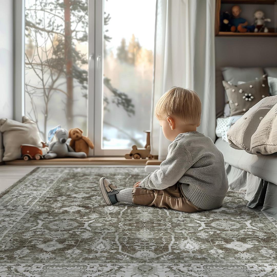 jinchan Vintage Area Rug 8x10 Living Room Washable Indoor Distressed Classic Floral Carpet Accent Mat Non Slip Rug Soft Low Pile Retro Carpet for Bedroom Bathroom Home Office Decor Brown