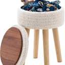 Wimarsbon Pouf Ottoman, 100% Cotton Knitted Boho Footstool, Round Footrest with Non-Skid Wood Legs, Home Dcor Handmade Pouffe, Leisure Floor Step Stool for Living Room (High Storage Beige)