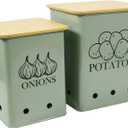 Kitchen Vegetable Storage Tins Set of 2 for Potatoes, Onion, with wooden lid Garlic Bin Caddy, Long Shelf Life-Grayish Green