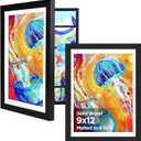 KINLINK 9x12 Kids Art Frames Set of 2, Solid Wood Kids Artwork Frames Changeable with Acrylic Front Opening Holds 150 Pictures, Art Frame for Kids Artwork with Mat or without Mat, Black