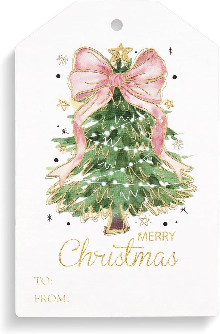 Teling 50 Pcs Christmas Gift Tags with String Pink Bow Merry Christmas Paper Gift Tags Xmas Hanging Label for Happy Holiday for Presents, Modern Paper Xmas Label(Pink Bow)