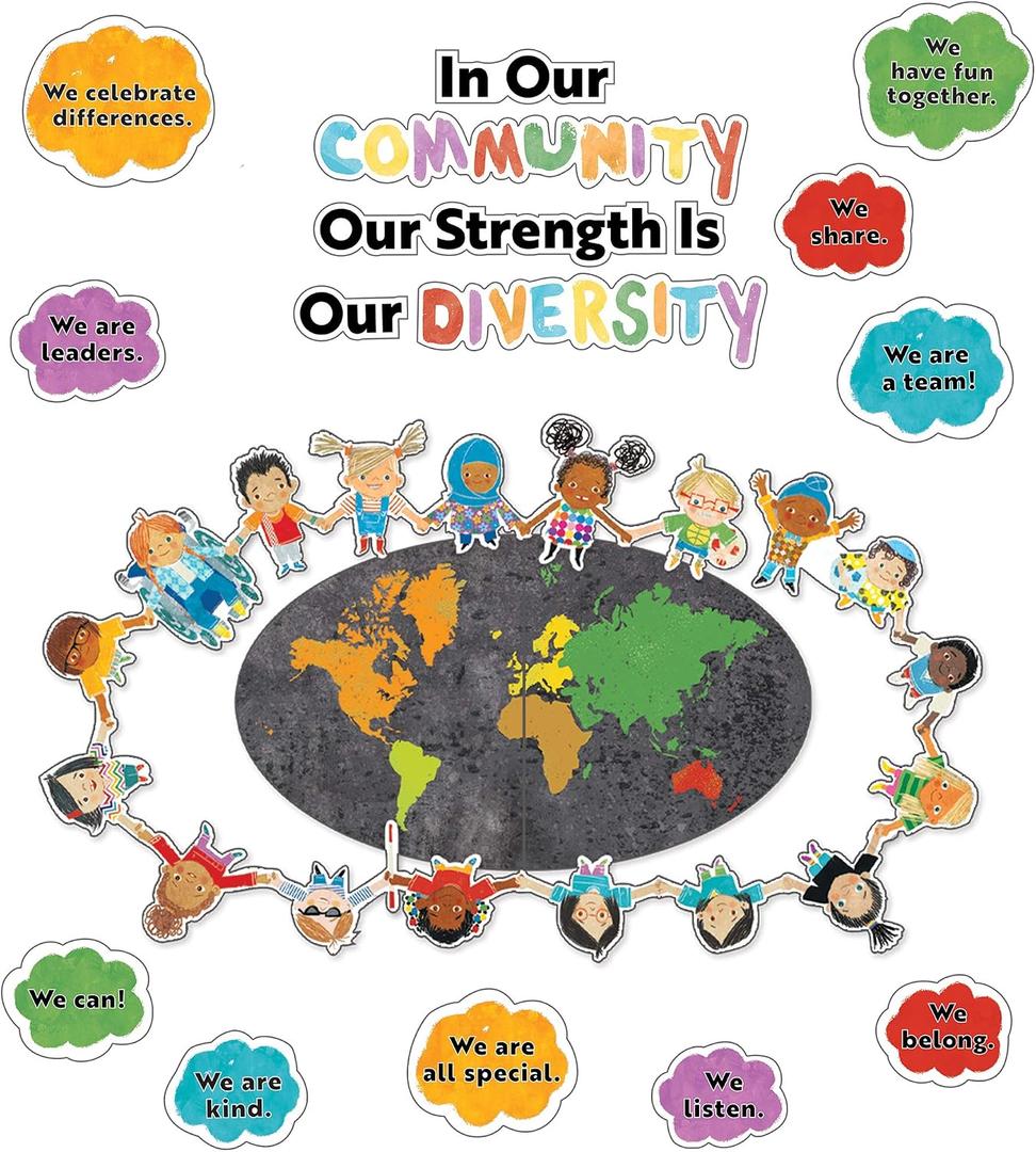 Carson Dellosa Our Strength is Our Diversity Bulletin Board SetColorful 5-Piece Banner with Map, Hearts, and Children Cutouts, Classroom or Homeschool Dcor (22 pc)