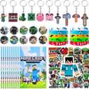 For Pixel Style Birthday Party Supplies, 90pcs Party Favors for , Includes 50 Stickers, 10 Gift Bags, 10 Wristbands, 10 Keychains, 10 Badges