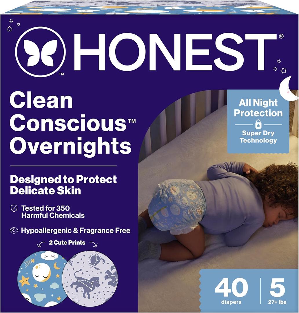 The Honest Company Comfort Dry Disposable Overnight Diapers for Sensitive Skin, Hypoallergenic, Baby Cozy Cloud and Star Signs Design Club Box Size 5 (27 lbs) 40 Count