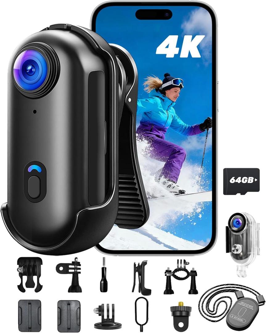 4K Action Camera with 64GB Card, Mini Body Camera with Audio Recording, Wi-Fi Magnetic Hands-Free POV Cam for Motorcycle Helmet Vlogging with Waterproof Case & 360 Rotatable Clip