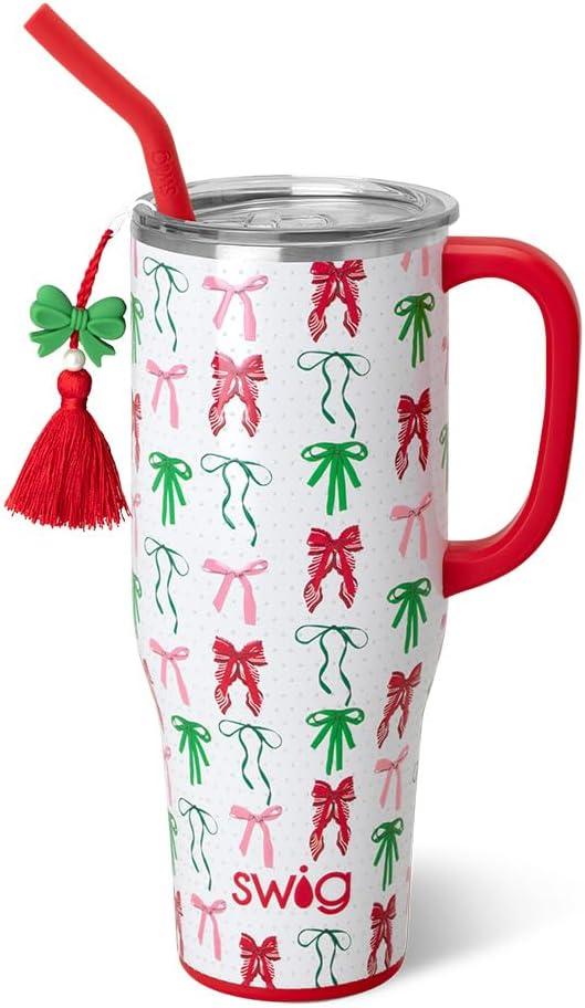 Swig Life 40oz Mega Mug, 40 oz Tumbler with Handle and Straw, Cup Holder Friendly, Dishwasher Safe, Extra Large Insulated Tumbler, Stainless Steel (Ribbons and Bows)
