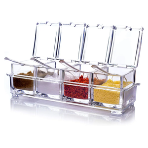 ME.FAN Clear Seasoning Rack Spice Pots - 4 Piece Acrylic Seasoning Box - Storage Container Condiment Jars - Cruet with Cover and Spoon