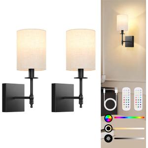 14.5 inch Battery Operated Wall Sconces Set of 2 with Remote, Rechargeable Wireless Wall Lights with Beige Fabric Shade, Indoor Not Hardwired Dimmable for Bedroom Living Room Decor