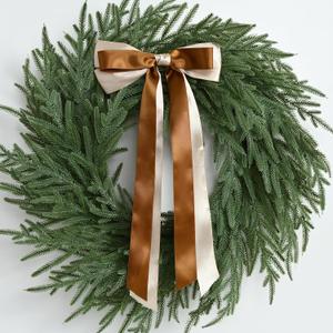 Christmas Decorations -24 Inch Christmas Wreath, Norfolk Pine Wreath, Christmas Wreaths for Front Door, Christmas Door Wreath with Bow Ribbon for Home Table Wall Window Indoor Outdoor (Real Touch)
