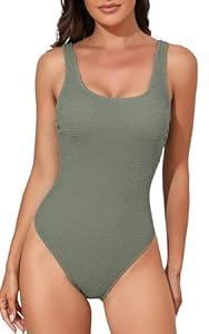 B2prity Women's One Piece Swimsuit Slimming High Cut Bathing Suit Ribbed Tummy Control Swimwear Army Green