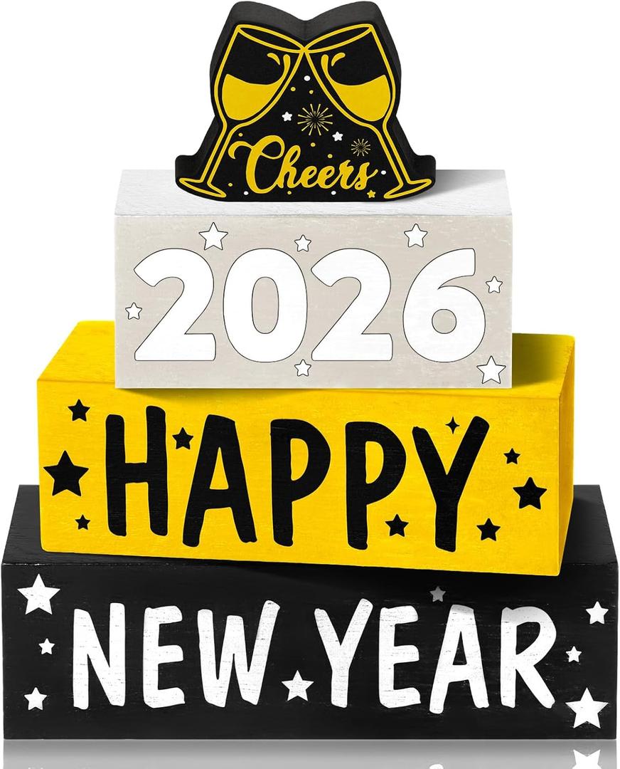 4 Pcs Wooden Happy New Year Tabletop Decor 2026 Block Signs Wine Glass Tiered Tray Rustic Table Centerpieces for Home Mantle New Years Eve Christmas Party Supplies