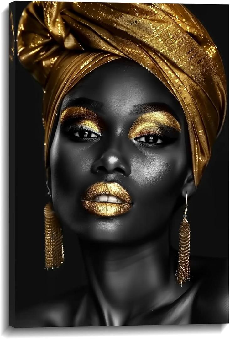 Women Canvas Wall Art African American Picture Wall Decor Black and Gold Girl Painting Portrait Prints Abstract Artwork for Living Room Bedroom Home Decor Framed(Art-9,16.00x24.00 inch)