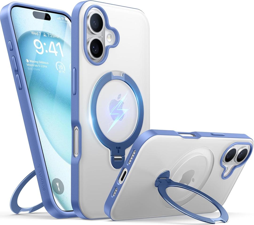 TORRAS 360 Spin Magnetic Stand for iPhone 16 Case 6.1 inch, Compatible with Magsafe, 12FT Military Grade Protection, Shockproof Slim Case for iPhone 16 Phone Case with Kickstand & Ring Holder, Blue (Ultramarine)