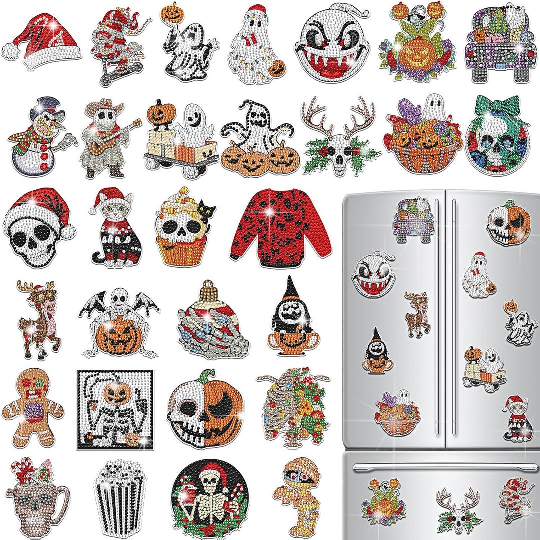 30 Pcs Christmas Eve Diamond Art Magnets Creepy Diamond Painting Magnets Kits DIY Xmas Horror Magnetic Refrigerator Sticker for Beginners Gifts Home Car Garage Decor