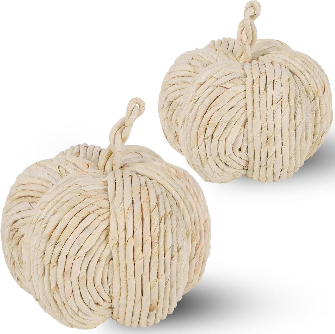 winemana 2 Pack Woven Pumpkin Decor - Fall & Thanksgiving Home Decorations, White Pumpkins Farmhouse Autumn Centerpieces for Table, Mantel, Porch Decor (Cattail Material, Assorted Size)
