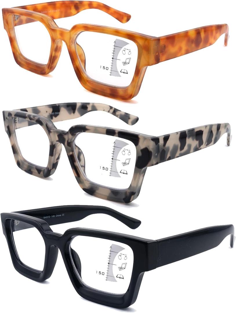 3 Pack Progressive Multifocal Reading Glasses for Women Retro Square Multifocus Readers Blue Light Computer Glasses (Black &Yellow Tortoiseshell & Beige Tortoiseshell)