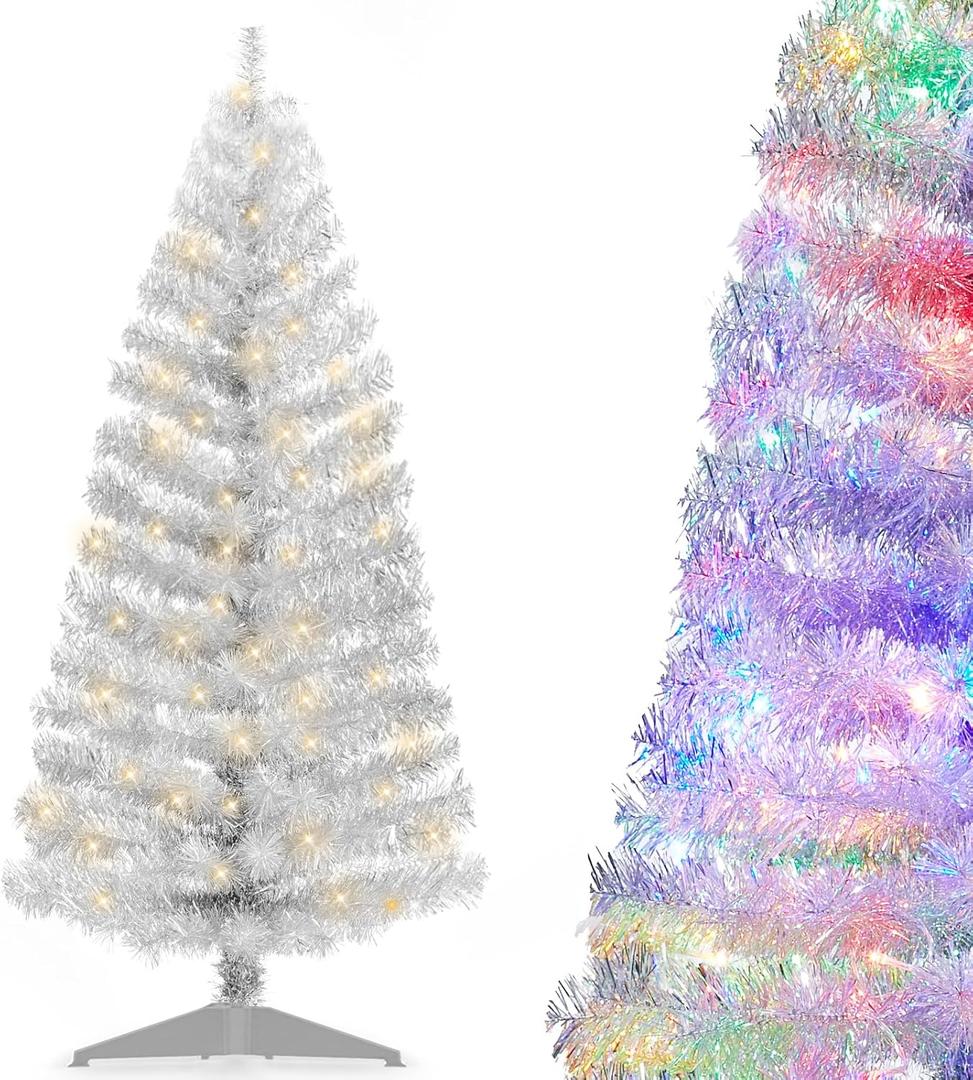 Pre-Lit Artificial Christmas Tree, Warm White Lights, Colorful Lights, Includes Stand, 4 feet (Silver)