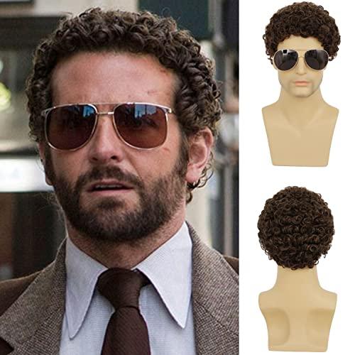 RicHyun Short Curly Brown Wig for Men Short Curly Afro Synthetic Natural Looking Daily Party Costume Halloween Wigs for Male Guys