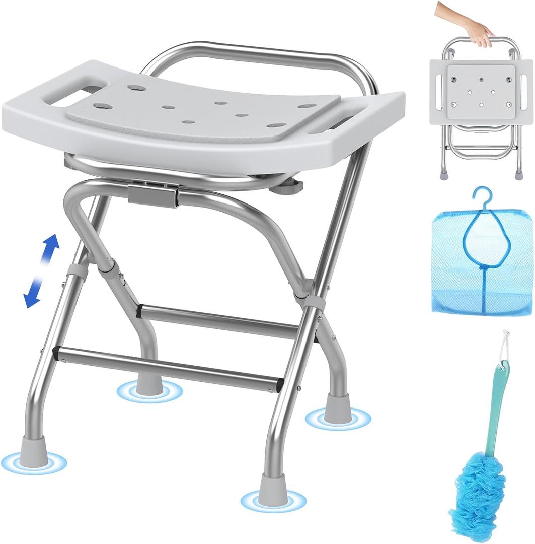 Folding Shower Seat - Stainless Steel Shower Chair for Inside Shower - 420lbs Height Adjustable Foldable Shower Stool - Portable Travel Collapsible Bath Bench for Elderly, Handicap & Disabled (Gray)