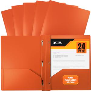 Better Office Products Orange Plastic 2 Pocket Folders with Prongs, Heavyweight, Letter Size Poly Folders, 24 Pack, with 3 Metal Prongs Fastener Clips, Orange