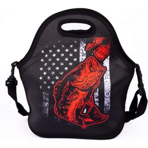 Portable Cooler Bag Bass Fishing Lure And American Flag Lunch Box Package with Adjustable Strap for Boys Teens Work Travel and Picnic
