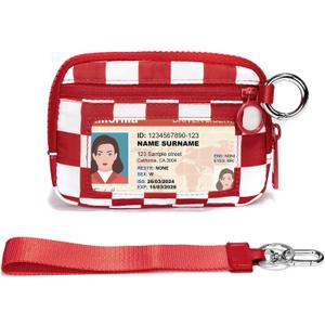 YDF Keychain Wallet for Women Mini Zip Card Holder with ID Window, Coin Purse, Detachable Wristlet, Small Organizer Wallet, Red Checkered