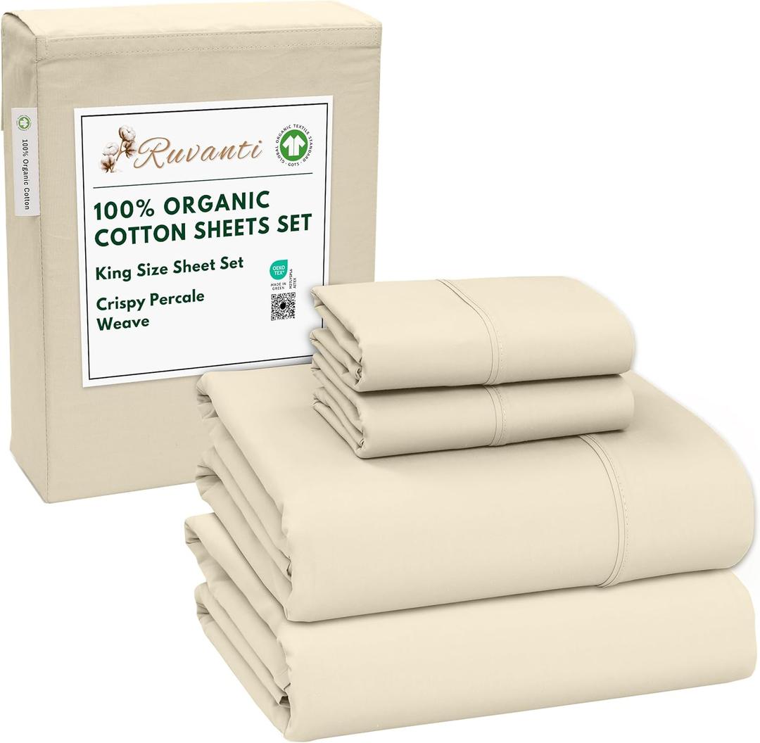 RUVANTI 100% Organic Cotton Sheets King Size, Percale Weave, GOTS Certified, 4-Piece Set, Deep Pocket 15", Crisp & Breathable, Soft Durable Bedding, Sbanas Algodn Orgnico  Cloud Cream