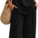 Womens Boho Linen 2 Piece Sets Summer Sleeveless Halter V Neck Tank Top Wide Leg Pants Matching Lounge Outfits 2026 (Black, L)
