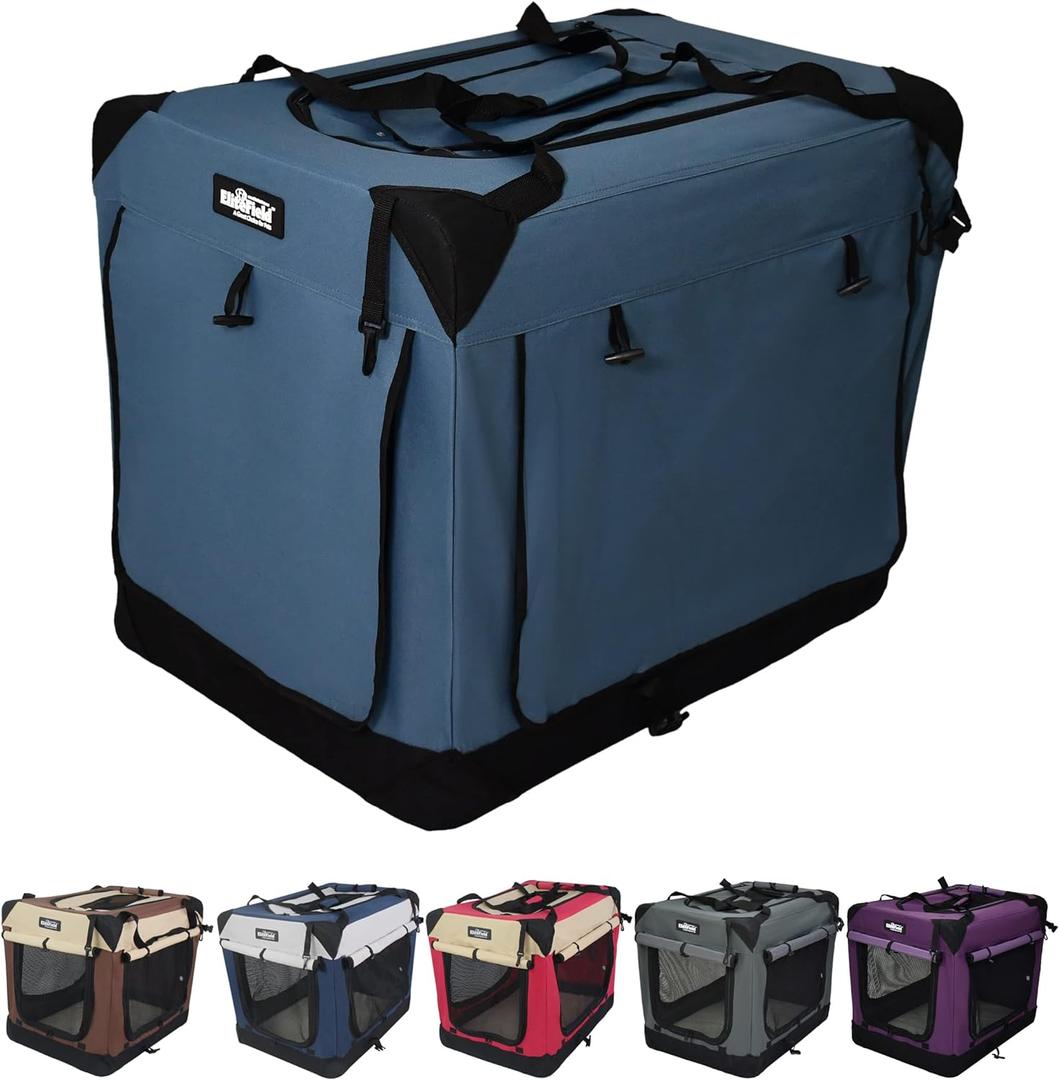 EliteField 4-Door Folding Soft Dog Crate with Curtains, Carrying Bag and Fleece Bed , Indoor & Outdoor Pet Home (42" L x 28" W x 32" H, Blue Gray+4 Door Curtains)
