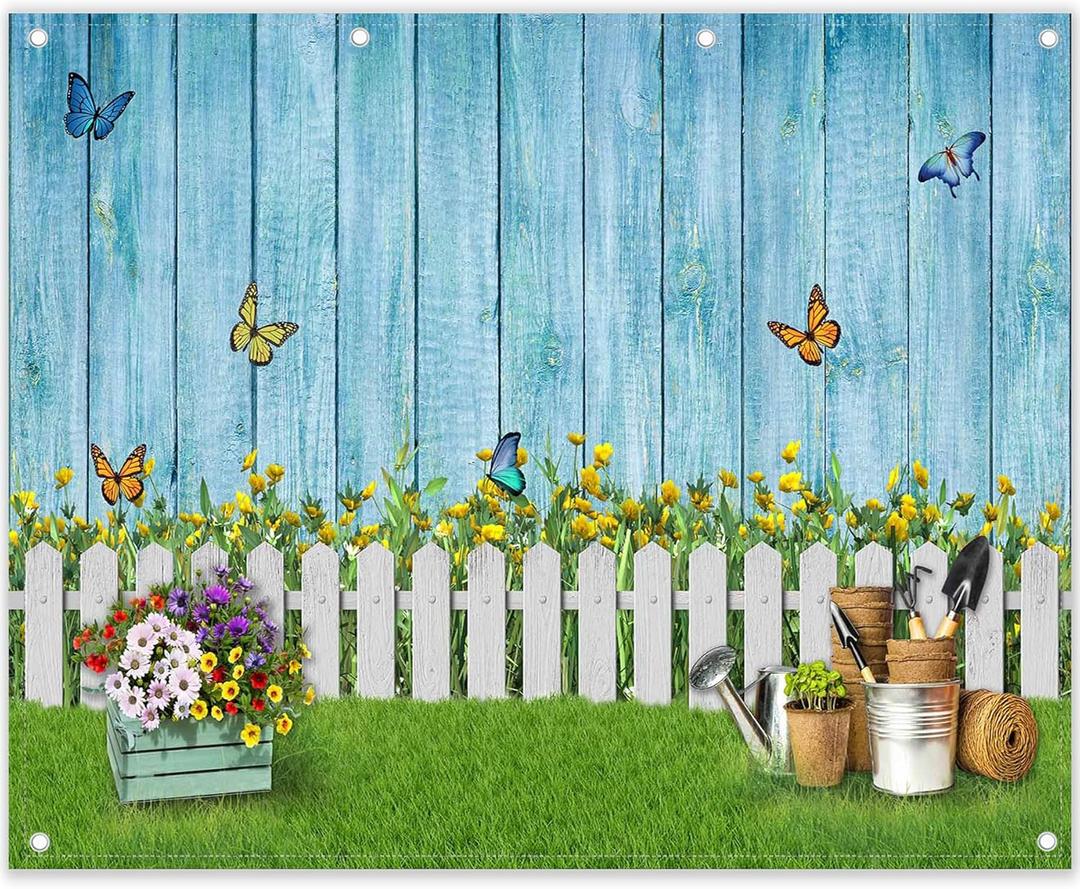 ZTHMOE 10x8ft Fabric Spring Photography Backdrop Easter Garden Floral Background Butterfly Grass Blue Wooden Wall Banner Photo Booth Studio Props