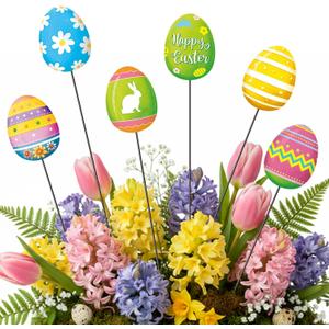 Shimeyao 6 Pcs Metal Easter Egg Garden Stakes Happy Easter Metal Garden Signs Colorful Egg Bunny Yard Stakes Outdoor Decor for Home Lawn Porch Holiday Front Backyard
