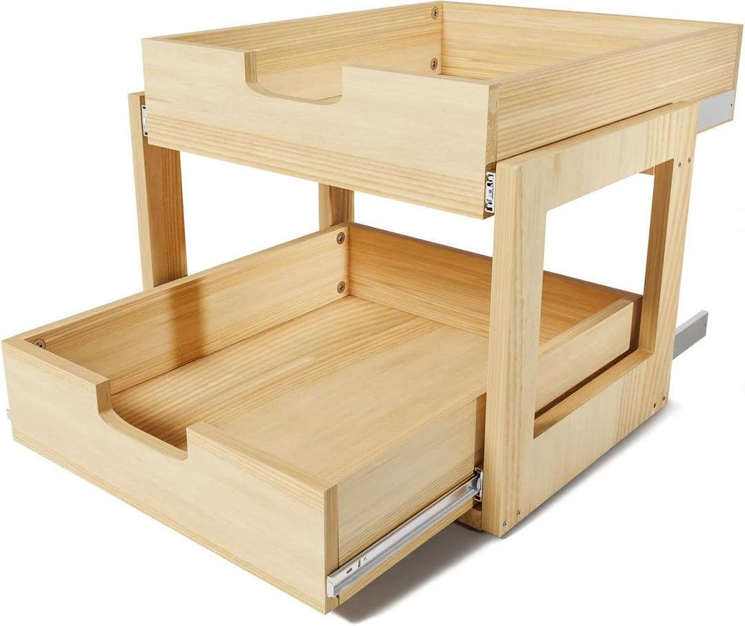 Pull Out Cabinet Organizer, 14''W21''D Sliding Drawers for Cabinets, 2 Tier Soft Close Slide Out Wooden Pull out Drawers, Base Cabinet Organization for Kitchen, Pantry, Bathroom