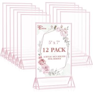 EHWINE 12 Pack Acrylic Sign Holder 5 x 7, Double-Sided Stand up Table Top Sign Holders, Pink Acrylic Picture Frame Menu Flyer Paper Holder Display Stand for Office Business Store Wedding Party