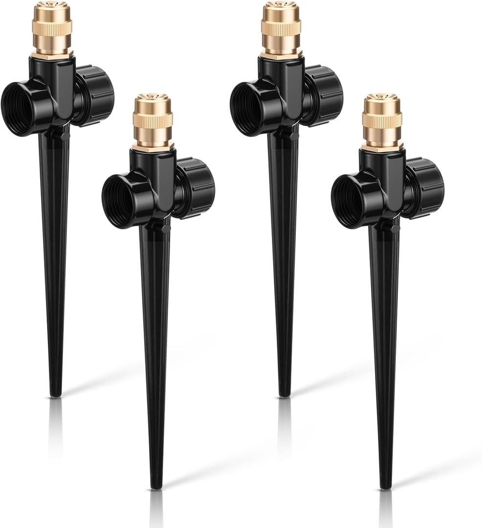 Tioncy 4 Pack Metal Lawn Sprinkler Automatic Garden Water Sprinkler on Spike Base 360 Degree Rotation with Adjustable Brass Nozzle for Lawn Garden Yard (Black)
