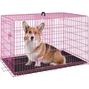 FDW Dog Crate for Medium Dogs 30 Inch Folding Metal WirePet Cage Double Door W/Divider Panel Indoor Outdoor Kennel Leak-Proof Plastic Tray,Pink