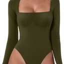 QINSEN Women's Sexy Square Neck Bodysuit Long Sleeve Double Lined Shirt Tops (Large, Dark Olive)
