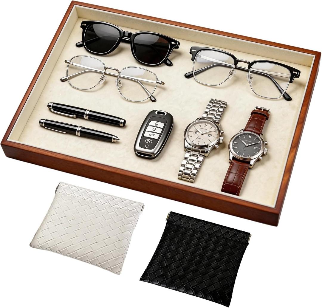 Large Solid Wood Jewelry Watch Tray, Velvet Jewelry Board Display Trays for Key Wallet RingStackable Wooden Jewelry Drawer Organizer Showcase Jewelry Holder(Beige)