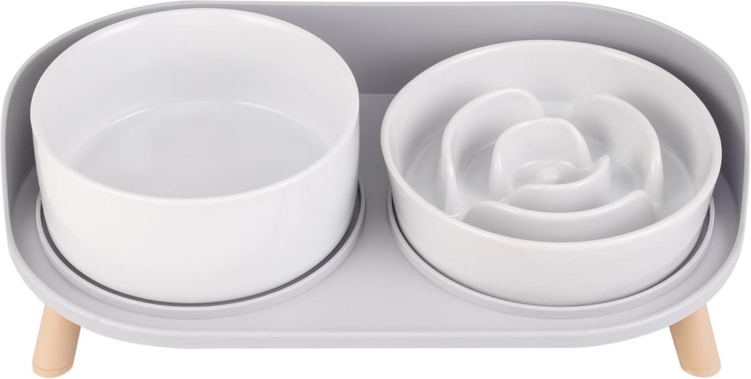 Elevated Slow Feeder Dog Bowls - Ceramic Food and Water Bowl Set with Stand - Raised Pet Dishes for Small and Medium Sized Dogs (White)